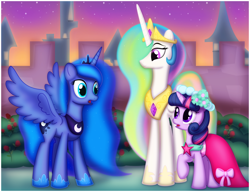 Size: 1208x930 | Tagged: safe, artist:ctb-36, character:princess celestia, character:princess luna, character:twilight sparkle, clothing, dress