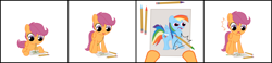 Size: 2694x630 | Tagged: safe, artist:ctb-36, character:rainbow dash, character:scootaloo, species:pegasus, species:pony, comic, cute, cutealoo, derp, drawing, female, filly, mouth hold, pencil, stylistic suck