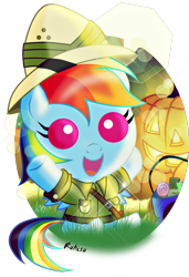 Size: 1197x1755 | Tagged: safe, artist:ruhisu, character:daring do, character:rainbow dash, species:pegasus, species:pony, baby, baby dash, baby pony, candy, clothing, costume, cute, daring do costume, dashabetes, female, filly, filly rainbow dash, foal, halloween, happy, holiday, jack-o-lantern, nightmare night, open mouth, pumpkin, signature, solo