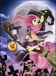 Size: 2851x3913 | Tagged: safe, artist:pridark, character:angel bunny, character:fluttershy, species:pegasus, species:pony, :o, broom, building, cape, catsuit, clothing, cloud, cloudy, costume, cross, cute, female, flutterbutt, flying, flying broomstick, full moon, halloween, hat, jack-o-lantern, lantern, lidded eyes, looking back, mare, moon, night, night sky, open mouth, plot, pumpkin, sexy, shyabetes, sitting, socks, underhoof, witch, witch hat