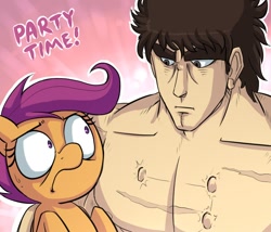 Size: 700x600 | Tagged: safe, artist:uc77, character:scootaloo, species:human, species:pegasus, species:pony, crossover, duo, hokuto no ken, implied scootabuse, kenshiro, party time