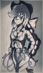 Size: 1200x2002 | Tagged: safe, artist:ruhisu, character:applejack, species:human, g4, belly button, eyebrows, eyebrows visible through hair, female, grayscale, humanized, midriff, monochrome, signature, solo, traditional art