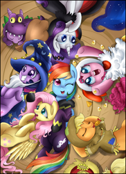 Size: 3578x4913 | Tagged: safe, artist:pridark, character:applejack, character:fluttershy, character:pinkie pie, character:princess luna, character:rainbow dash, character:rarity, character:spike, character:twilight sparkle, species:dragon, species:earth pony, species:pegasus, species:pony, species:unicorn, animal costume, candy, candy corn, chicken pie, chicken suit, clothing, costume, cute, dashabetes, diapinkes, eyes closed, featured on derpibooru, female, grin, halloween, jackabetes, male, mane seven, mane six, mare, mouth hold, nightmare night, on back, open mouth, pony pile, raribetes, shyabetes, sleeping, smiling, spikabetes, squee, twiabetes, wink