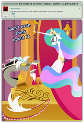 Size: 1024x1490 | Tagged: safe, artist:grievousfan, character:discord, character:princess celestia, comments, discord being discord, glare, literal minded, sitting, teeth
