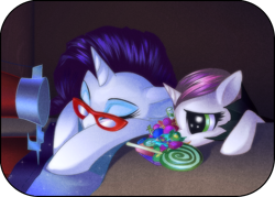 Size: 700x500 | Tagged: dead source, safe, artist:rizcifra, character:rarity, character:sweetie belle, species:pony, species:unicorn, belle sisters, candy, clothing, costume, duo, fabric, female, filly, glasses, lollipop, mare, nightmare night, nightmare night costume, rarity's glasses, sewing machine, siblings, sisters, sleeping