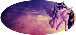 Size: 1024x476 | Tagged: dead source, safe, artist:rizcifra, character:twilight sparkle, character:twilight sparkle (alicorn), species:alicorn, species:pony, g4, female, flying, hilarious in hindsight, it begins, mare, shooting star, smiling, solo, wings