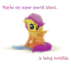 Size: 563x525 | Tagged: safe, artist:rizcifra, character:scootaloo, species:pegasus, species:pony, g4, feather, female, filly, floppy ears, looking down, oh it is sad day, sad, scootalone, scootaloo can't fly, simple background, sitting, solo, spread wings, wings