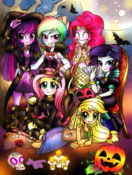 Size: 905x1200 | Tagged: safe, artist:shikimaakemi, character:applejack, character:fluttershy, character:pinkie pie, character:rainbow dash, character:rarity, character:twilight sparkle, ship:twidash, my little pony:equestria girls, candle, clothing, costume, female, halloween, holiday, humane five, humane six, implied twidash, jack-o-lantern, lesbian, nightmare night, pumpkin, shipping