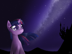 Size: 900x675 | Tagged: safe, artist:mlpanon, character:twilight sparkle, character:twilight sparkle (unicorn), species:pony, species:unicorn, canterlot, female, galaxy, mare, milky way galaxy, night, smiling, solo, stars, windswept mane