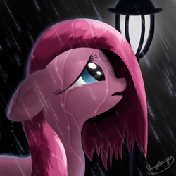 Size: 1200x1200 | Tagged: safe, artist:bugplayer, character:pinkamena diane pie, character:pinkie pie, species:earth pony, species:pony, female, floppy ears, lamp post, mare, night, profile, rain, solo, wet mane