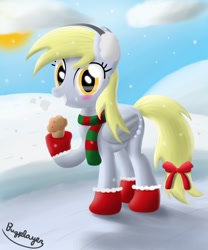 Size: 1000x1200 | Tagged: safe, artist:bugplayer, character:derpy hooves, species:pegasus, species:pony, blushing, boots, bow, clothing, cloud, cloudy, earmuffs, female, happy, mare, muffin, scarf, shoes, smiling, snow, snowfall, socks, solo, stockings, winter