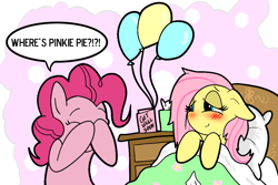 Size: 1134x756 | Tagged: safe, artist:silver1kunai, character:fluttershy, character:pinkie pie, balloon, bed, bed mane, blanket, blushing, box, card, cute, dialogue, diapinkes, eyes closed, floppy ears, friendshipping, messy mane, on back, peekaboo, pillow, sick, smiling, speech bubble, table, text, tired, tissue, tissue box