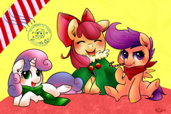 Size: 1200x800 | Tagged: safe, artist:phyllismi, character:apple bloom, character:scootaloo, character:sweetie belle, species:pegasus, species:pony, adorabloom, bandana, candy cane, cape, christmas, clothing, cute, cutealoo, cutie mark crusaders, diasweetes, holiday, prone, scarf, sitting, stamp