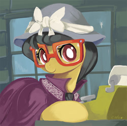 Size: 650x645 | Tagged: safe, artist:ende26, character:a.k. yearling, character:daring do, episode:daring don't, g4, my little pony: friendship is magic, bonnet, clothing, cute, daring dorable, disguise, escii keyboard, glasses, hat, looking at you, ribbon, smiling, typewriter, window