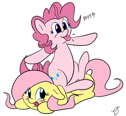 Size: 656x606 | Tagged: safe, artist:silver1kunai, character:fluttershy, character:pinkie pie, ship:flutterpie, female, flutterseat, lesbian, shipping, sitting