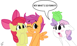 Size: 798x475 | Tagged: safe, artist:silver1kunai, character:apple bloom, character:scootaloo, character:sweetie belle, species:earth pony, species:pegasus, species:pony, species:unicorn, adorabloom, blushing, cute, cutealoo, cutie mark crusaders, diasweetes, eyebrows, eyebrows visible through hair, food, food on horn, horn impalement, lettuce, simple background, snickering, white background, yelling
