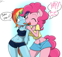 Size: 1573x1447 | Tagged: safe, artist:sandwich-anomaly, character:pinkie pie, character:rainbow dash, species:anthro, belly button, bellyring, blushing, clothing, compression shorts, dialogue, female, keep calm and carry on, panties, piercing, sports bra, thong, underwear