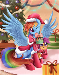 Size: 3278x4143 | Tagged: safe, artist:pridark, character:rainbow dash, character:scootaloo, species:pegasus, species:pony, christmas, christmas tree, clothing, cute, female, filly, hat, mare, present, pridark is trying to murder us, santa costume, santa hat, scootalove, tree