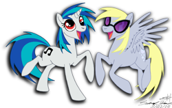 Size: 900x569 | Tagged: safe, artist:grievousfan, character:derpy hooves, character:dj pon-3, character:vinyl scratch, species:pegasus, species:pony, species:unicorn, accessory swap, derp, duo, duo female, female, mare, role reversal, simple background, transparent background