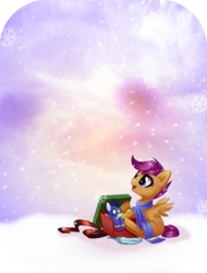 Size: 800x1050 | Tagged: safe, artist:rizcifra, character:scootaloo, character:soarin', species:pegasus, species:pony, clothing, plushie, present, scarf, snow, snowfall, solo