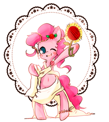 Size: 931x1045 | Tagged: safe, artist:lessue, character:pinkie pie, species:pony, belly button, bipedal, clothing, flower, pixiv, solo, sunflower, toga