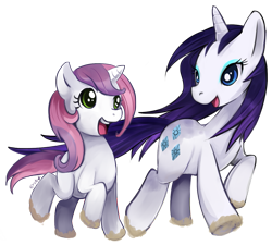 Size: 835x752 | Tagged: safe, artist:ende26, character:rarity, character:sweetie belle, species:pony, species:unicorn, duo, duo female, female, open mouth, sisters