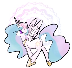 Size: 1004x959 | Tagged: safe, artist:lessue, character:princess celestia, flower, flower in hair, looking at you, looking back, plot, solo