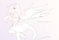 Size: 2452x1678 | Tagged: safe, artist:antiander, character:angel bunny, character:fluttershy, species:anthro, species:unguligrade anthro, clothing, dress, monochrome, underhoof