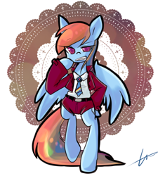 Size: 732x779 | Tagged: safe, artist:lessue, character:rainbow dash, species:pegasus, species:pony, abstract background, belt, bipedal, clothing, female, looking at you, mare, necktie, pixiv, rainbow dash always dresses in style, semi-anthro, shorts, signature, simple background, solo, suit