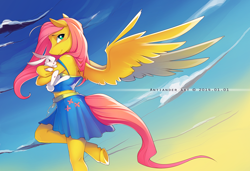 Size: 2452x1678 | Tagged: safe, artist:antiander, character:angel bunny, character:fluttershy, species:anthro, species:pegasus, species:pony, species:rabbit, species:unguligrade anthro, blushing, clothing, cloud, female, looking at you, skirt, sky, solo, spread wings, underhoof, windswept mane, wings