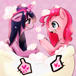 Size: 800x800 | Tagged: safe, artist:lessue, character:pinkie pie, character:twilight sparkle, character:twilight sparkle (alicorn), species:alicorn, species:pony, ship:twinkie, bath, blushing, bubble, female, heart, lesbian, mare, shipping, soap, wet mane