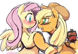 Size: 850x591 | Tagged: safe, artist:ende26, character:applejack, character:fluttershy, ship:appleshy, 30 minute art challenge, apple, blushing, female, lesbian, marriage proposal, shipping