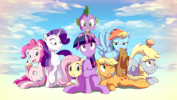 Size: 1920x1080 | Tagged: safe, artist:deannart, character:applejack, character:derpy hooves, character:fluttershy, character:pinkie pie, character:rainbow dash, character:rarity, character:spike, character:twilight sparkle, character:twilight sparkle (alicorn), species:alicorn, species:dragon, species:earth pony, species:pegasus, species:pony, species:unicorn, g4, accessory theft, anime, applejack's hat, clothing, cowboy hat, cupcake, eye clipping through hair, eyebrows, eyebrows visible through hair, female, food, hat, lidded eyes, mane seven, mane six, mare, mouth hold, muffin, stetson, wallpaper
