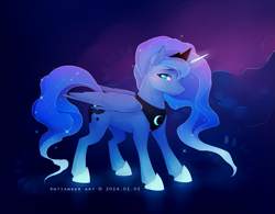 Size: 1181x919 | Tagged: dead source, safe, artist:antiander, character:princess luna, species:alicorn, species:pony, ethereal mane, female, galaxy mane, glowing horn, looking at you, mare, solo, standing