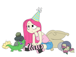 Size: 2000x1500 | Tagged: safe, artist:gatodelfuturo, character:gummy, character:pinkamena diane pie, character:pinkie pie, species:human, episode:party of one, g4, my little pony: friendship is magic, clothing, flour sack, hat, humanized, light skin, madame leflour, missing shoes, mr. turnip, party hat, rocky, scene interpretation, shorts, simple background, sir lintsalot, sitting, socks, striped socks, transparent background, turnip