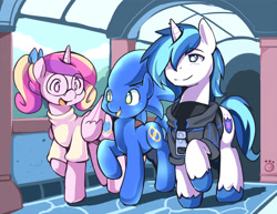 Size: 850x655 | Tagged: safe, artist:ende26, character:princess cadance, character:shining armor, character:sonic the hedgehog, oc, oc:sonic dash, species:pony, clothing, commission, crossover, glasses, high school cadance, ponified, sonic the hedgehog (series)
