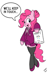 Size: 660x969 | Tagged: safe, artist:silver1kunai, character:pinkie pie, clothing, semi-anthro, shoes, socks, solo, suit, thigh highs
