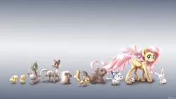 Size: 4098x2304 | Tagged: safe, artist:mlpanon, character:angel bunny, character:fluttershy, species:duck, species:mallard, species:pegasus, species:pony, animal, beaver, bow, cat, duckling, female, ferret, gray background, kitten, male, mare, mouse, porcupine, simple background, squirrel