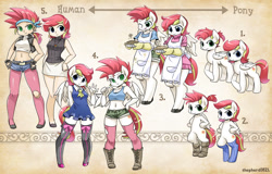 Size: 1700x1091 | Tagged: safe, artist:shepherd0821, oc, oc only, oc:lotus heat, oc:petal spark, species:anthro, species:human, species:pony, species:unguligrade anthro, anthro chart, anthro with ponies, apron, belly button, bipedal, clothing, daisy dukes, dress, humanized, midriff, skirt, sports bra, twins