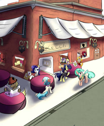 Size: 1024x1243 | Tagged: safe, artist:madacon, character:coco pommel, character:rarity, cafe, city, manehattan, restaurant, table
