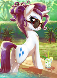 Size: 1299x1771 | Tagged: safe, artist:yulyeen, character:rarity, species:pony, species:unicorn, g4, adorasexy, alcohol, alternate hairstyle, bedroom eyes, cute, drink, female, glass, lemon, lidded eyes, looking at you, looking back, mare, mojito, palm tree, plant, plot, poolside, rearity, sexy, signature, smiling, solo, straw, stupid sexy rarity, sultry pose, sunglasses, swimming pool, tree, water, wet