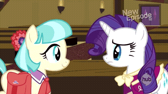 Size: 576x324 | Tagged: safe, artist:superedit, edit, edited screencap, screencap, character:coco pommel, character:rarity, ship:marshmallow coco, episode:rarity takes manehattan, g4, my little pony: friendship is magic, animated, animation error, coco's gift, exploitable meme, female, lesbian, marriage proposal, meme, shipping, wedding ring
