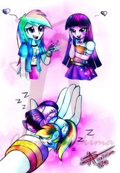 Size: 906x1300 | Tagged: safe, artist:shikimaakemi, character:rainbow dash, character:twilight sparkle, chubbie, ship:twidash, my little pony:equestria girls, :3, blob, blushing, cute, eyes closed, female, heart, holding, human ponidox, humanized, lesbian, my little squishy, open mouth, pony coloring, shipping, sleeping, smiling, weapons-grade cute, zzz