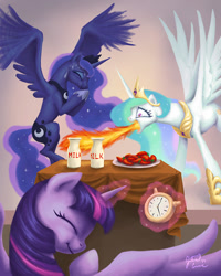 Size: 667x833 | Tagged: safe, artist:dracontiar, character:princess celestia, character:princess luna, character:twilight sparkle, character:twilight sparkle (alicorn), species:alicorn, species:pony, chili pepper, female, fire, magic, mare, milk, peppers, prank, stopwatch, this will end in tears and/or a journey to the moon