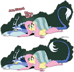 Size: 1354x1320 | Tagged: safe, artist:grievousfan, character:discord, character:fluttershy, species:draconequus, species:pegasus, species:pony, episode:three's a crowd, g4, my little pony: friendship is magic, annoyed, blanket, blue flu, dialogue, fangs, female, gritted teeth, looking at each other, male, mare, open mouth, pillow, prone, pun, scene parody, sick, simple background, smiling, teasing, transparent background