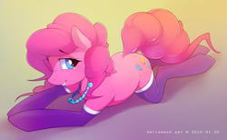 Size: 1217x748 | Tagged: safe, artist:antiander, character:pinkie pie, species:earth pony, species:pony, blushing, clothing, female, gradient background, jewelry, looking at you, lying down, mare, necklace, pretty, smiling, socks, solo, thigh highs