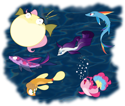 Size: 1600x1357 | Tagged: safe, artist:grievousfan, character:applejack, character:fluttershy, character:pinkie pie, character:rainbow dash, character:rarity, character:twilight sparkle, betta, blowfish, catfish, cute, female, fish, fishified, flutterfish, guppy, koi, mane six, platy, puffer fish, rainbow trout, rarifish, siamese fighting fish, silver tipped shark, species swap, water