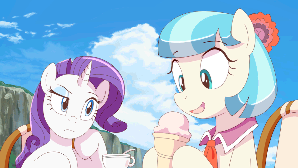 Size: 960x540 | Tagged: safe, artist:deannart, character:coco pommel, character:rarity, species:pony, animated, anime, blinking, chair, cocobetes, cup, cute, duo, eating, food, frame by frame, hnnng, ice cream, licking, observer, open mouth, raised eyebrow, sitting, sky, smiling, suggestive eating, table, tea, tongue out, weapons-grade cute