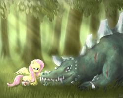 Size: 4000x3200 | Tagged: dead source, safe, artist:mlpanon, character:fluttershy, species:dragon, bandage, first aid kit, forest, kindness