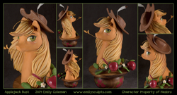 Size: 1250x674 | Tagged: safe, artist:antiander, artist:emilysculpts, character:applejack, bust, feather, irl, photo, sculpture, style emulation
